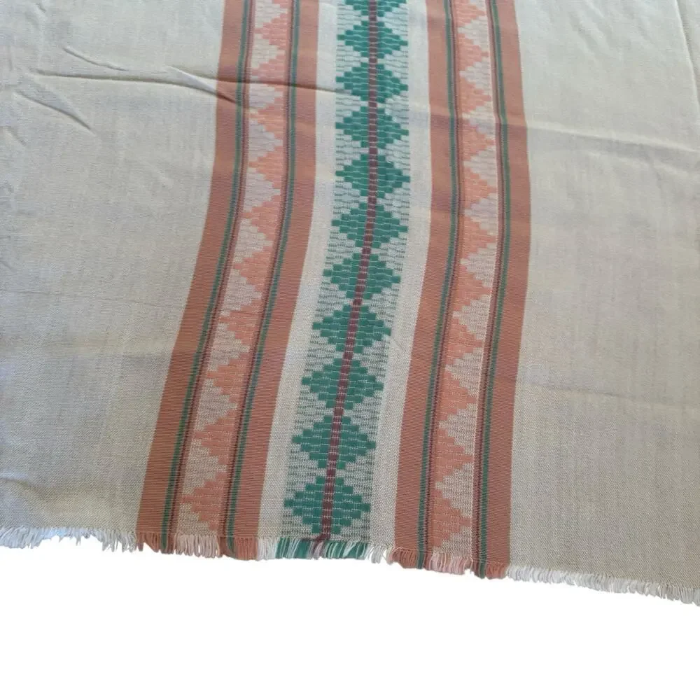 Tablecloth Napkin Set 84”x57” Aztec Striped Peach Aqua Mid Century Fringe